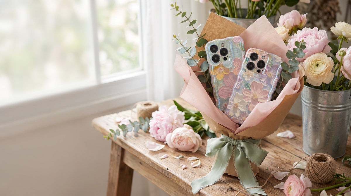 Two floral phone cases wrapped in a pink paper bouquet
