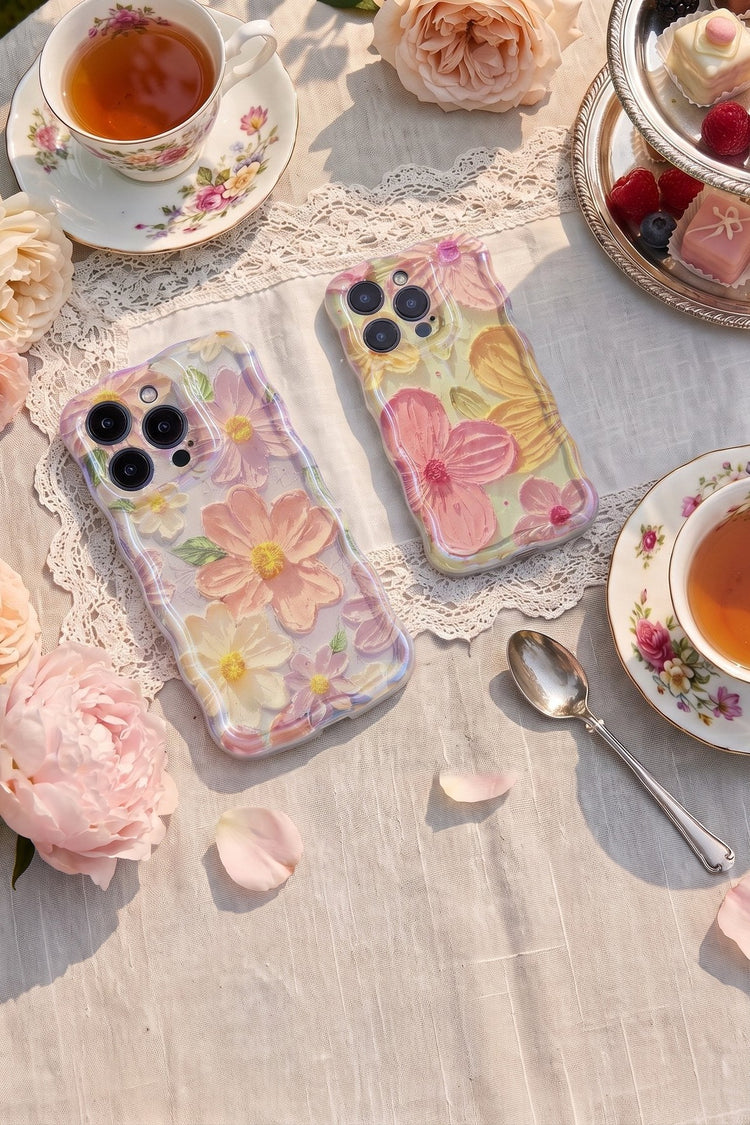 Two Bloomy floral phone cases on a tea table with lace, roses and china